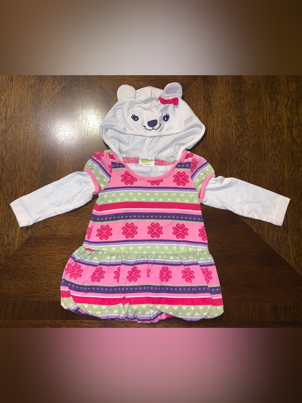 Crazy 8 Pink, Green & Purple Striped Hooded Dress with Bear Detail
